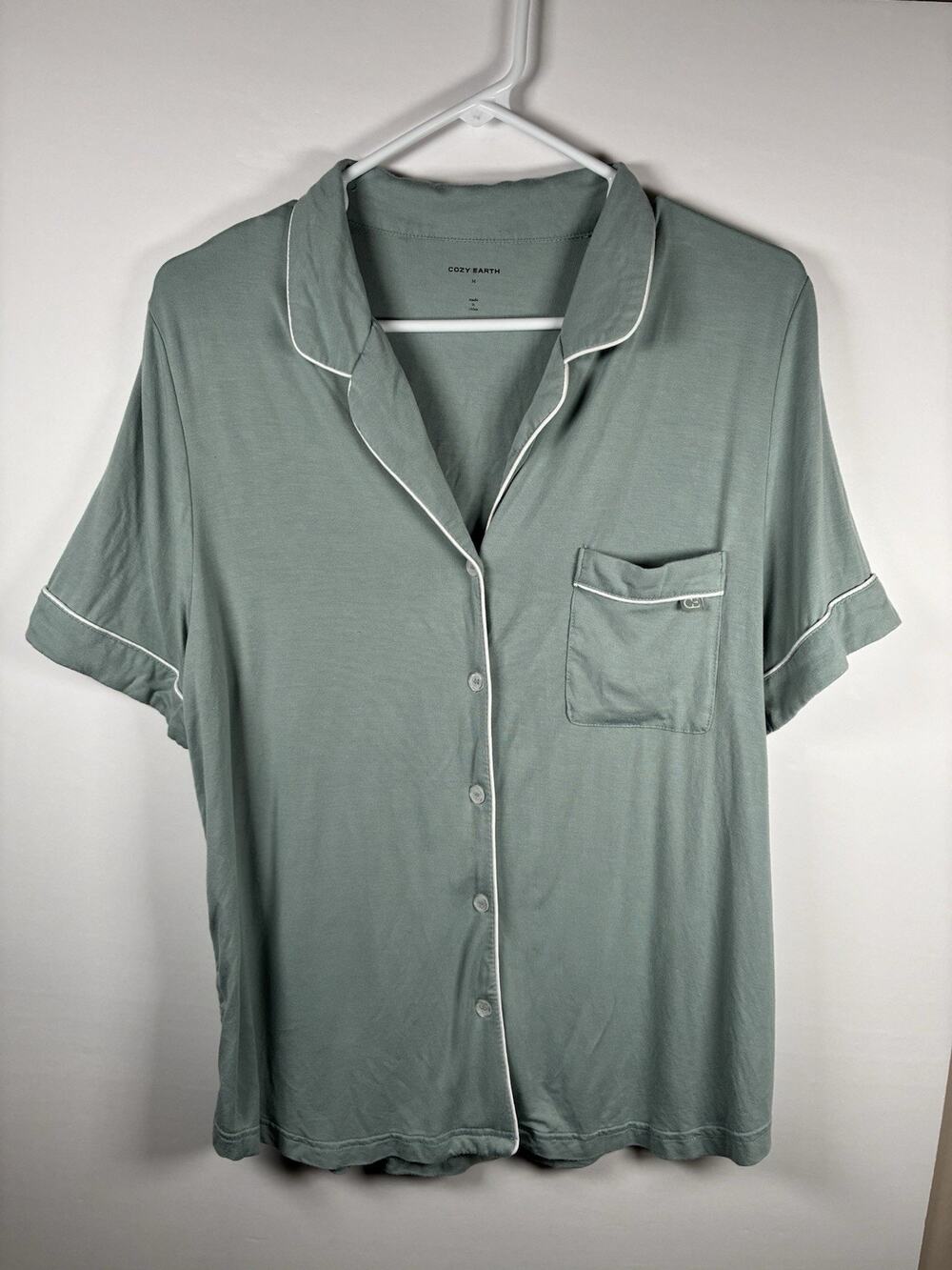 Cozy Earth Womens M Bamboo Viscose Pajama Top Sage Green Short Sleeve Piped